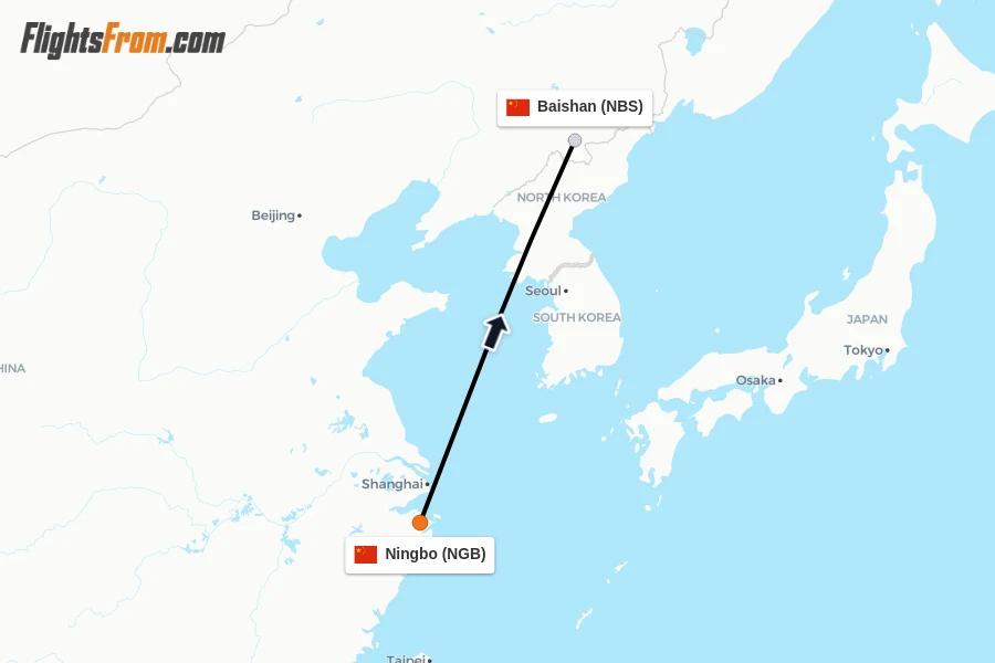 Flights from Ningbo to Baishan route map