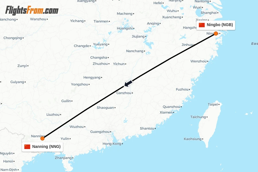 Flights from Ningbo to Nanning route map