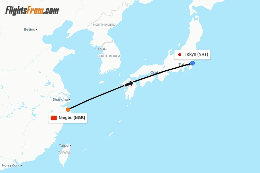 Flights from Ningbo to Tokyo route map