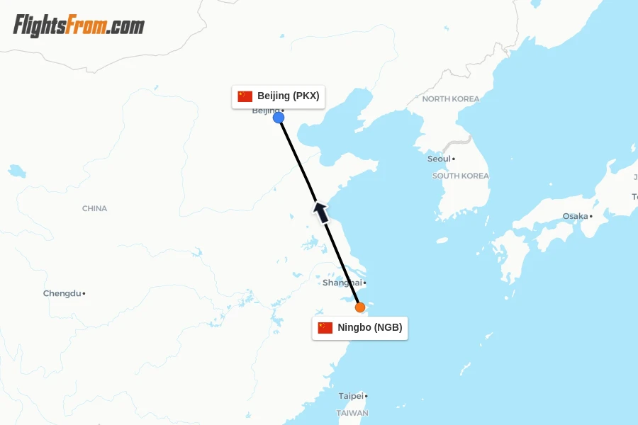 Flights from Ningbo to Beijing route map