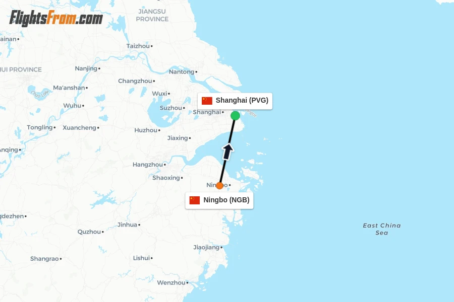 Flights from Ningbo to Shanghai route map