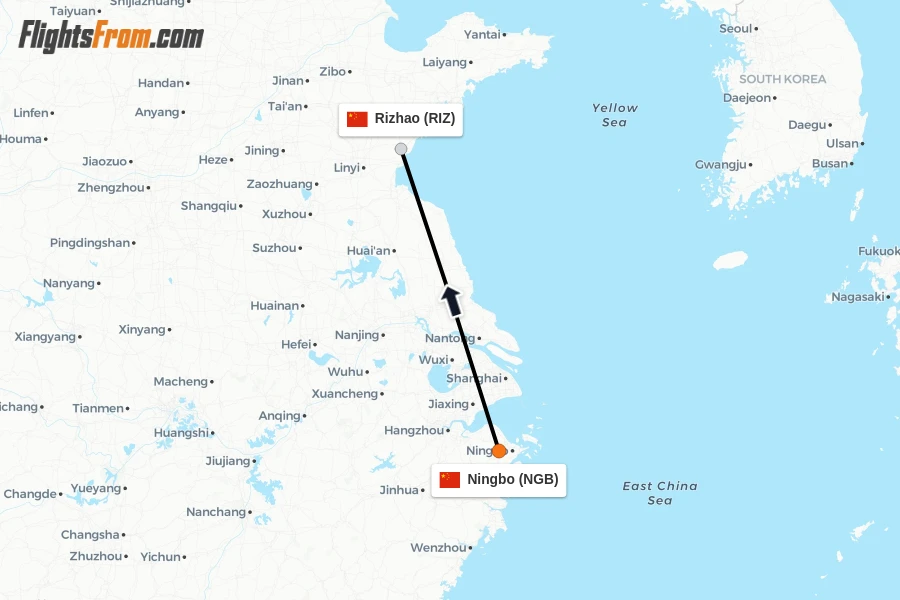 Flights from Ningbo to Rizhao route map