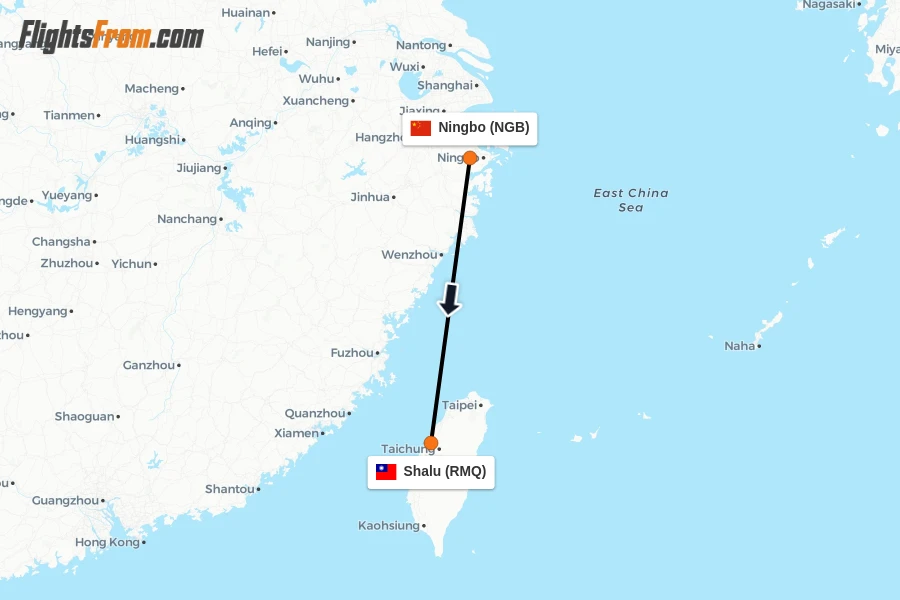Flights from Ningbo to Shalu route map