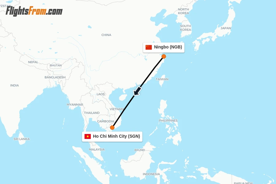 Flights from Ningbo to Ho Chi Minh City route map