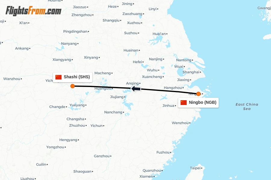 Flights from Ningbo to Shashi route map