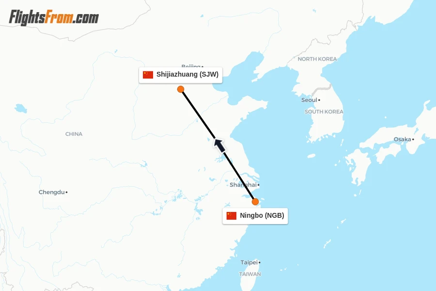 Flights from Ningbo to Shijiazhuang route map