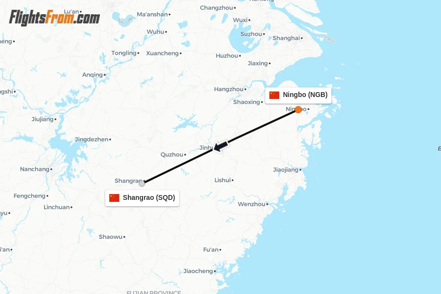 Flights from Ningbo to Shangrao route map