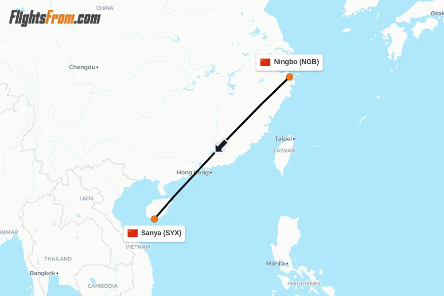 Flights from Ningbo to Sanya route map