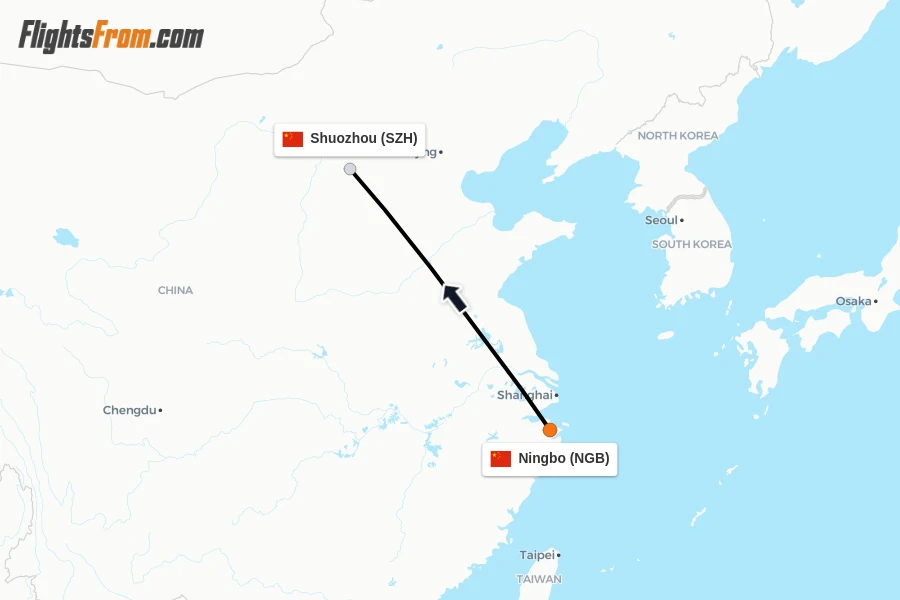 Flights from Ningbo to Shuozhou route map