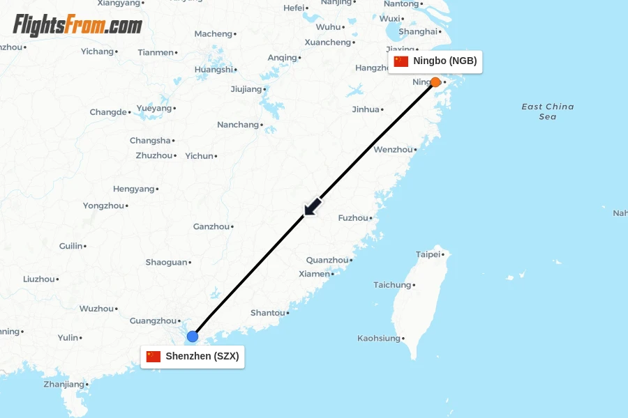 Flights from Ningbo to Shenzhen route map