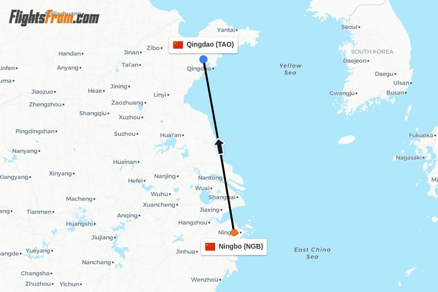 Flights from Ningbo to Qingdao route map
