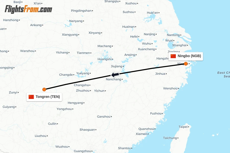 Flights from Ningbo to Tongren route map