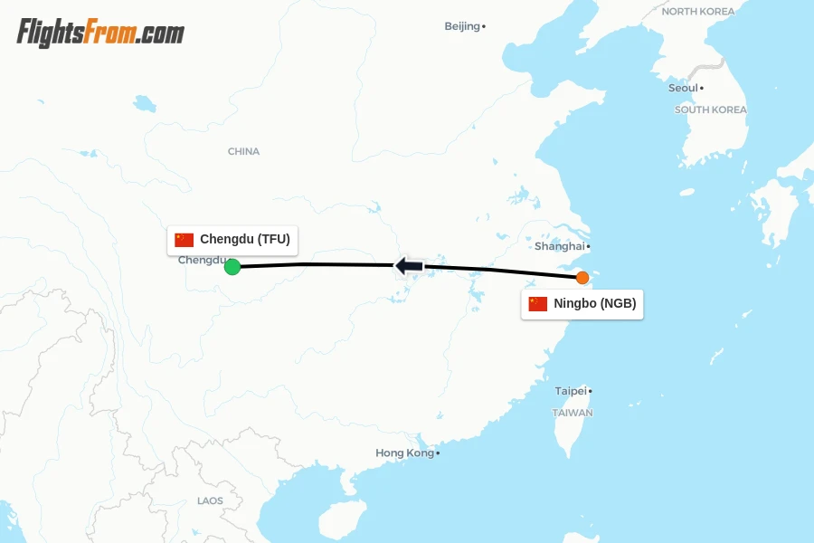 Flights from Ningbo to Chengdu route map
