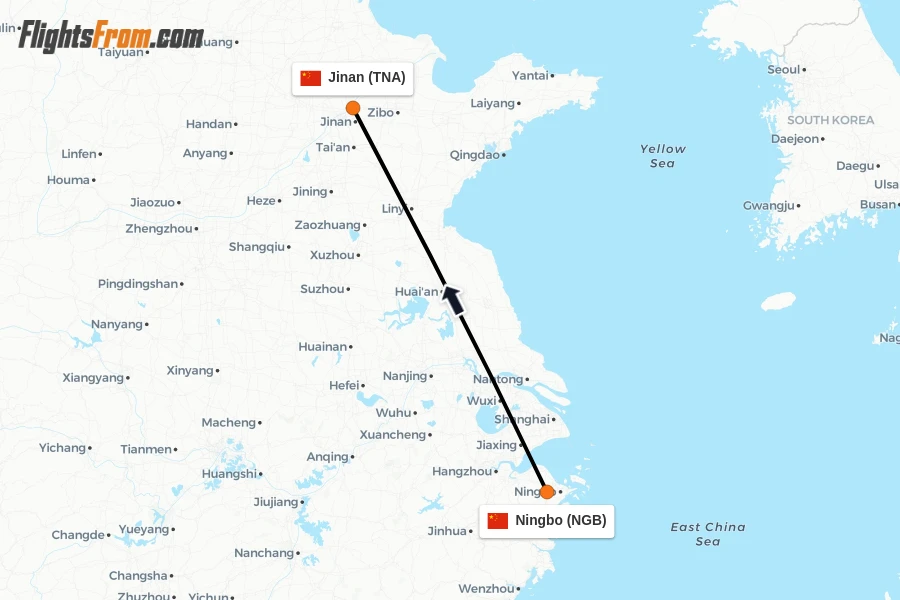 Flights from Ningbo to Jinan route map