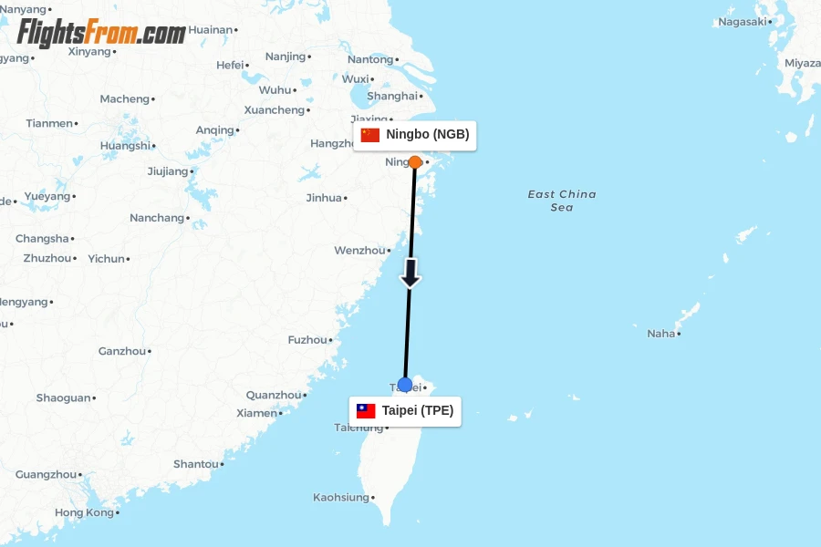 Flights from Ningbo to Taipei route map