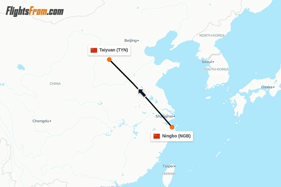 Flights from Ningbo to Taiyuan route map