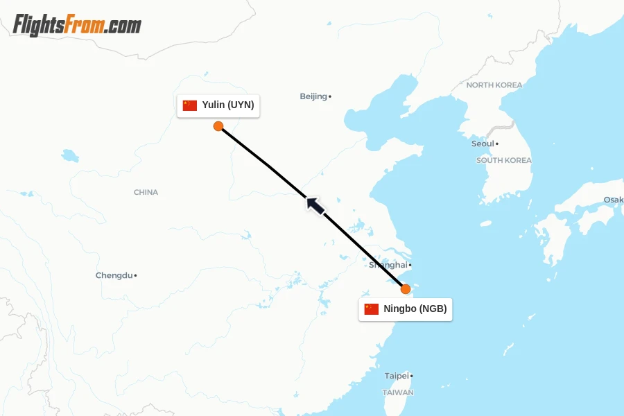 Flights from Ningbo to Yulin route map