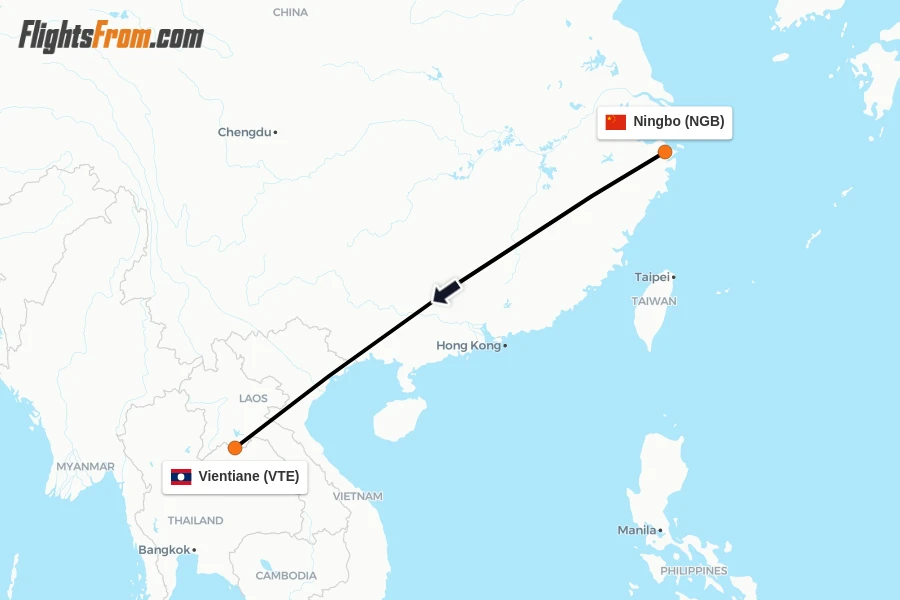 Flights from Ningbo to Vientiane route map