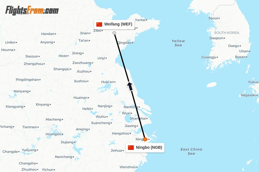 Flights from Ningbo to Weifang route map