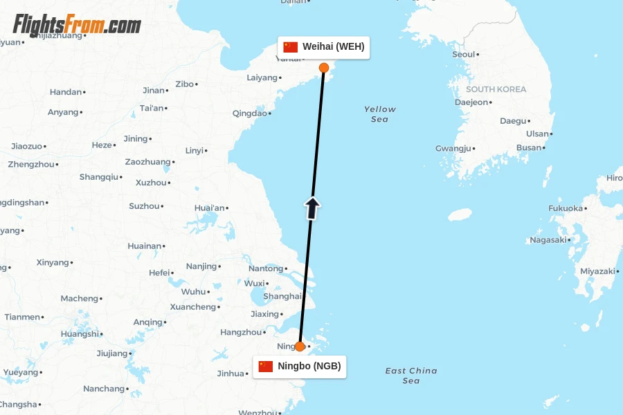 Flights from Ningbo to Weihai route map