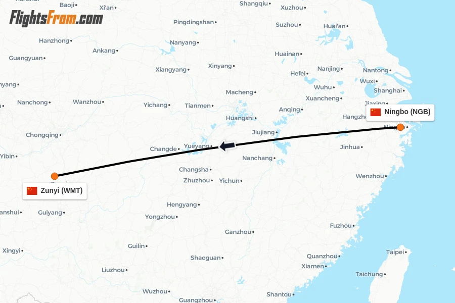 Flights from Ningbo to Zunyi route map