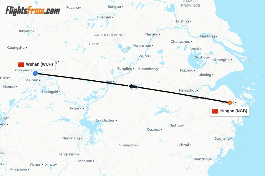 Flights from Ningbo to Wuhan route map