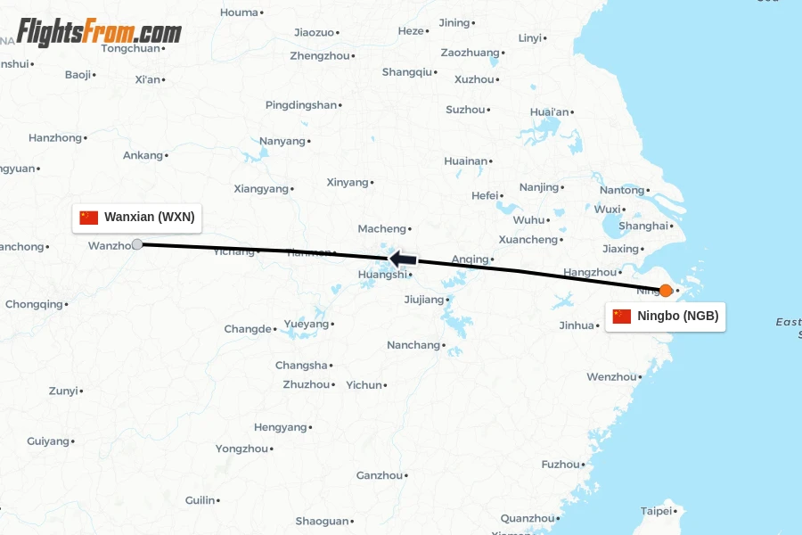 Flights from Ningbo to Wanxian route map