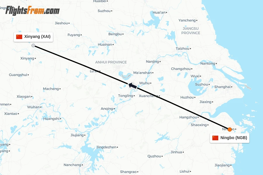 Flights from Ningbo to Xinyang route map