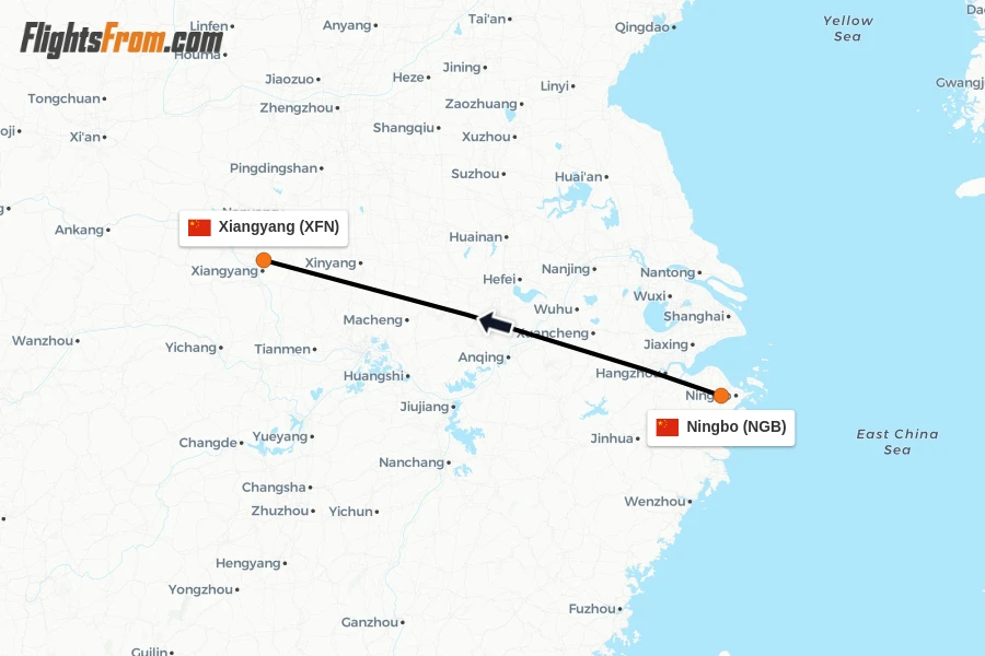 Flights from Ningbo to Xiangyang route map