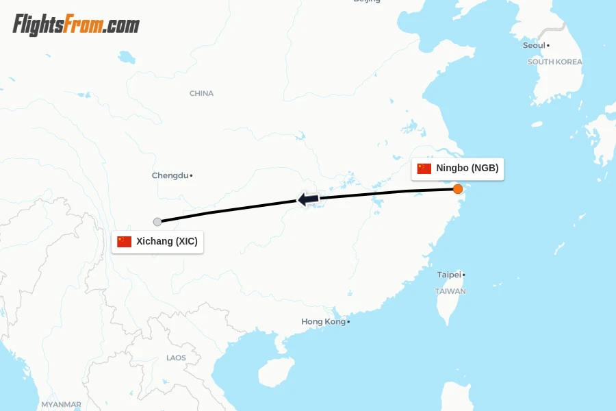 Flights from Ningbo to Xichang route map