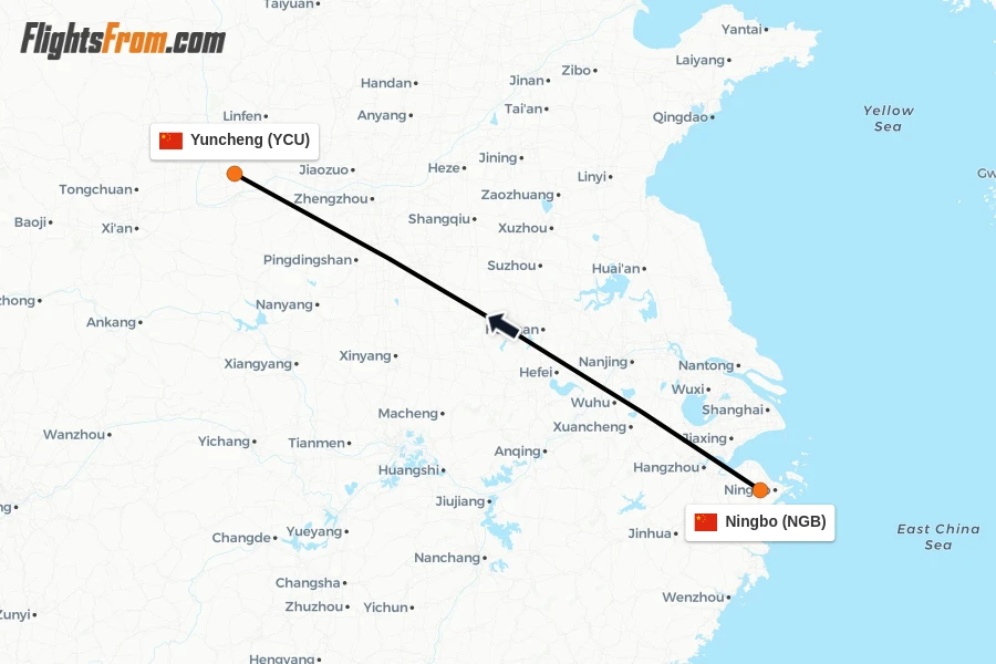 Flights from Ningbo to Yuncheng route map