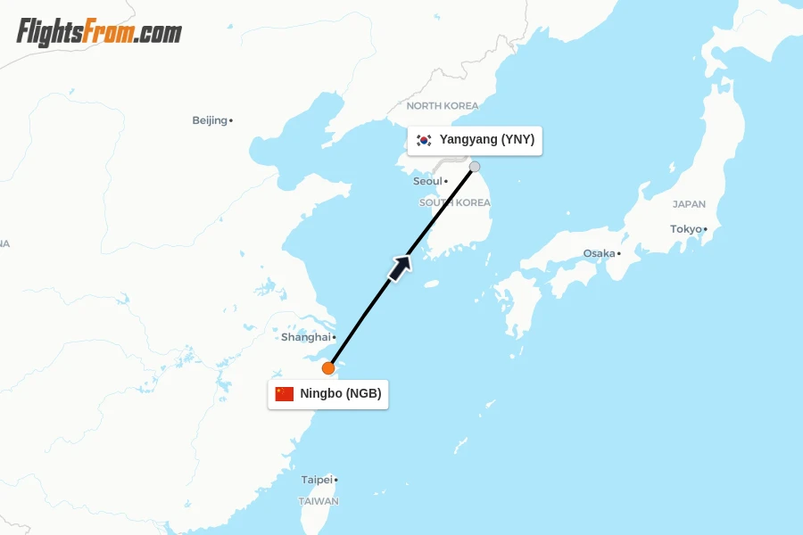 Flights from Ningbo to Yangyang route map