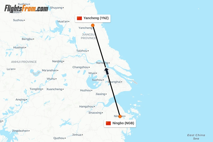 Flights from Ningbo to Yancheng route map