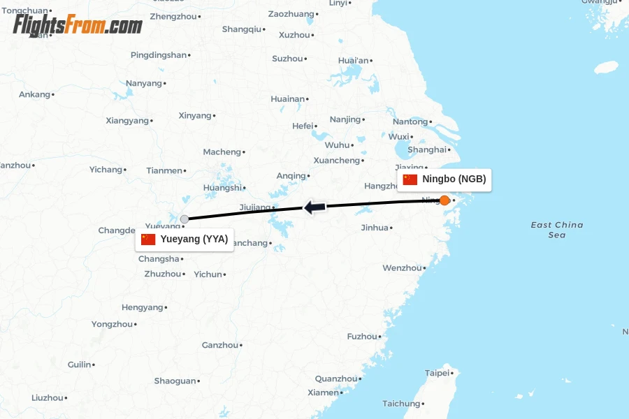 Flights from Ningbo to Yueyang route map