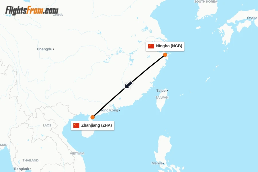 Flights from Ningbo to Zhanjiang route map
