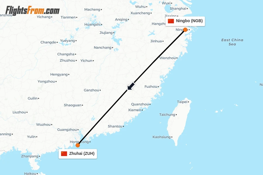 Flights from Ningbo to Zhuhai route map