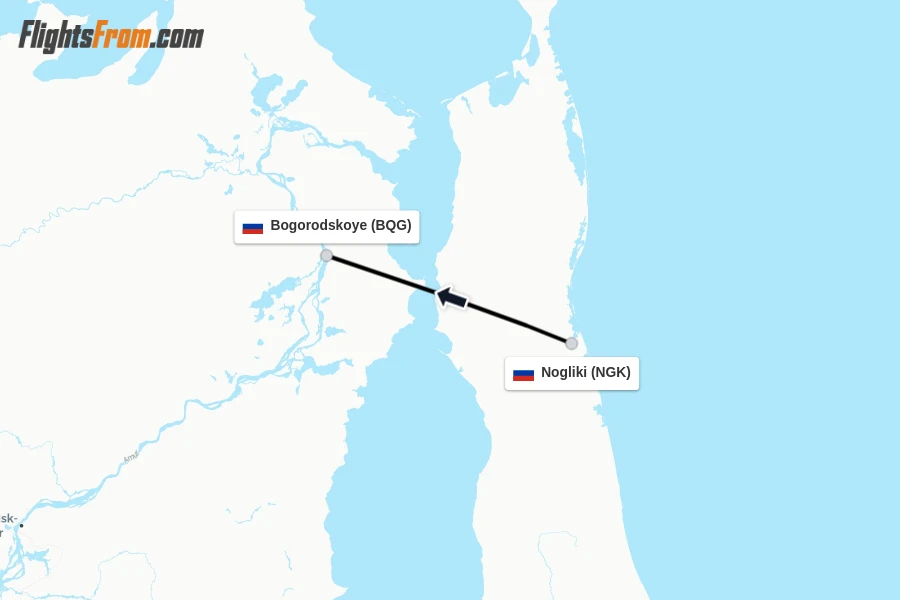 Flights from Nogliki to Bogorodskoye route map
