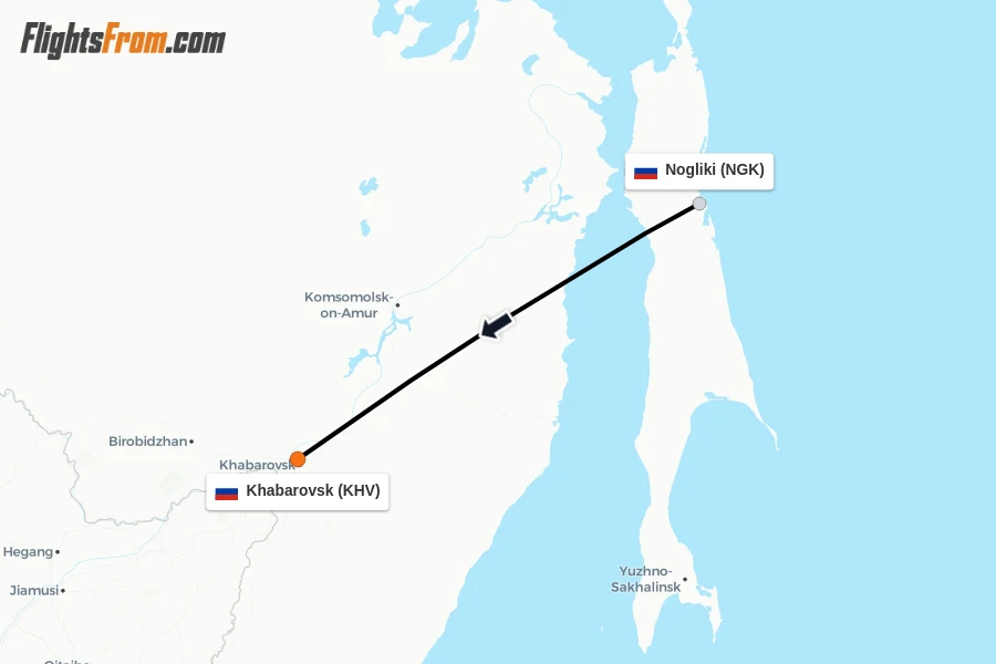 Flights from Nogliki to Khabarovsk route map