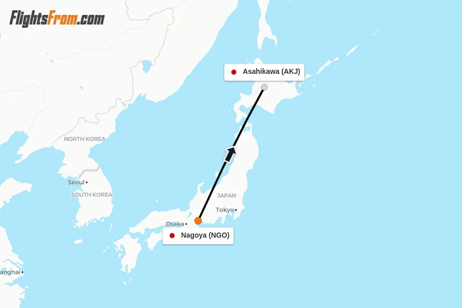 Flights from Nagoya to Asahikawa route map