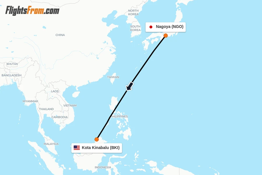 Flights from Nagoya to Kota Kinabalu route map