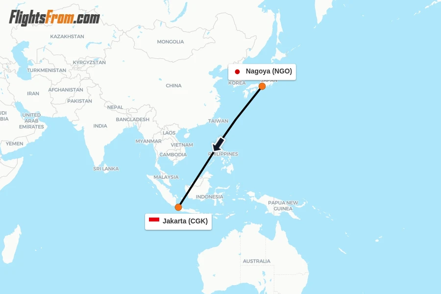 Flights from Nagoya to Jakarta route map