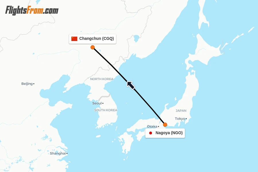 Flights from Nagoya to Changchun route map