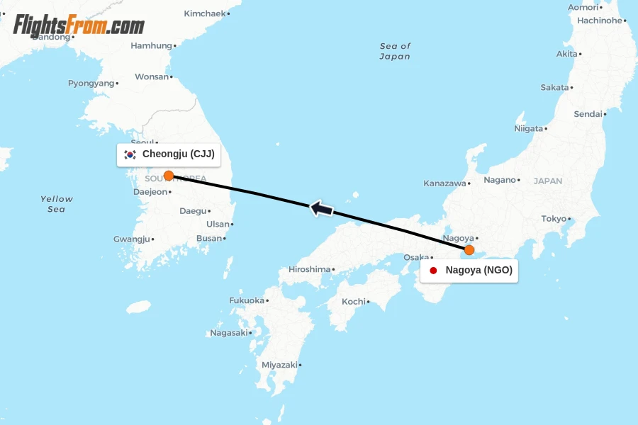 Flights from Nagoya to Cheongju route map