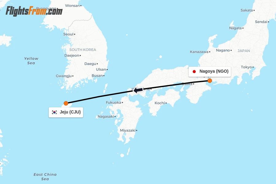 Flights from Nagoya to Jeju route map