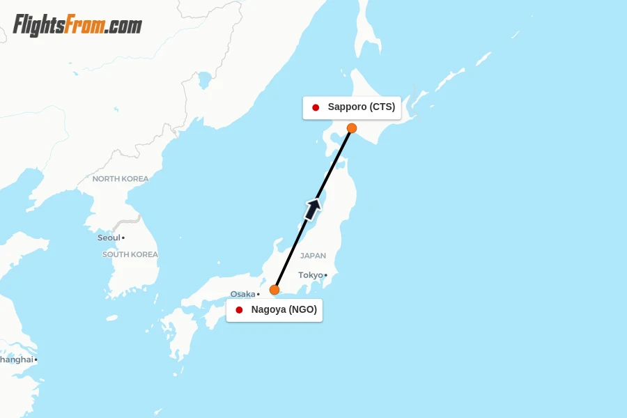 Flights from Nagoya to Sapporo route map