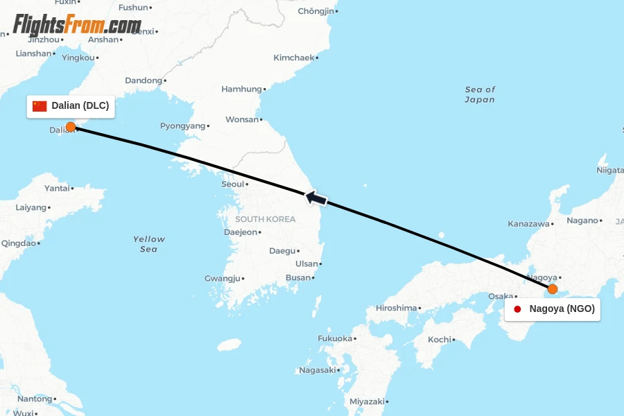 Flights from Nagoya to Dalian route map