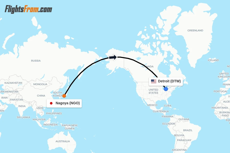 Flights from Nagoya to Detroit route map