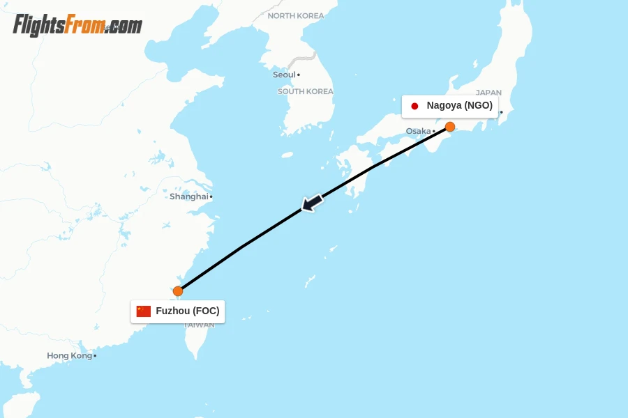 Flights from Nagoya to Fuzhou route map