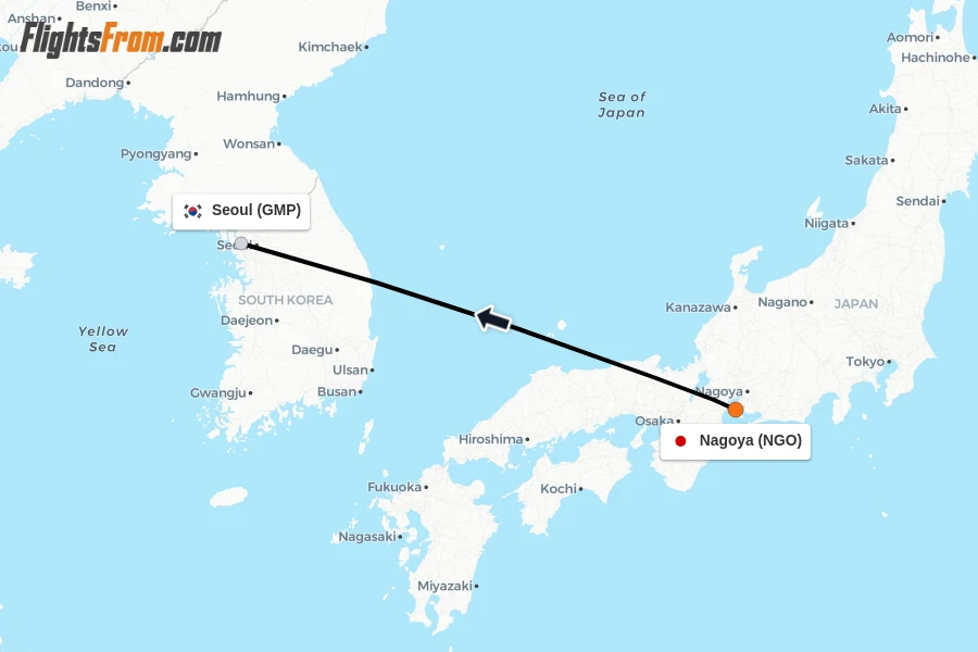 Flights from Nagoya to Seoul route map