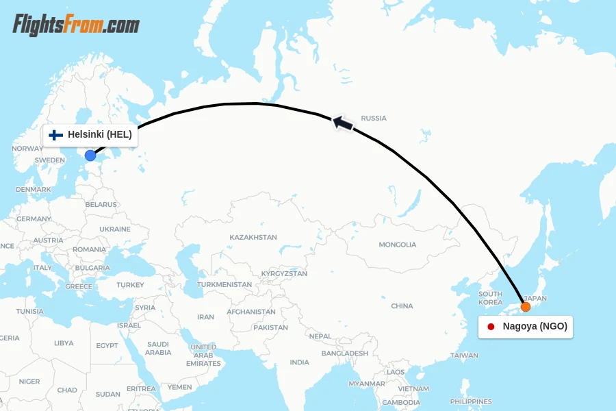 Flights from Nagoya to Helsinki route map